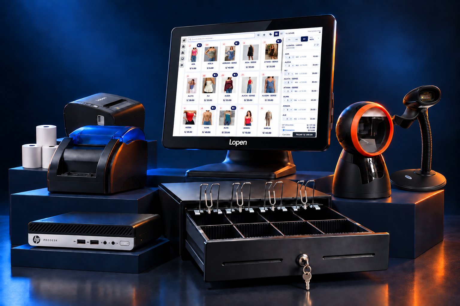 Estación de punto de venta con pantalla táctil mostrando el POS de HIPOS, cajón de dinero, dos tipos de lectores, Mini PC, impresoras térmicas y rollos de papel