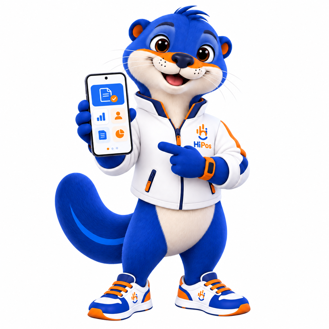 Mascota de HIPOS mostrando la app en un celular