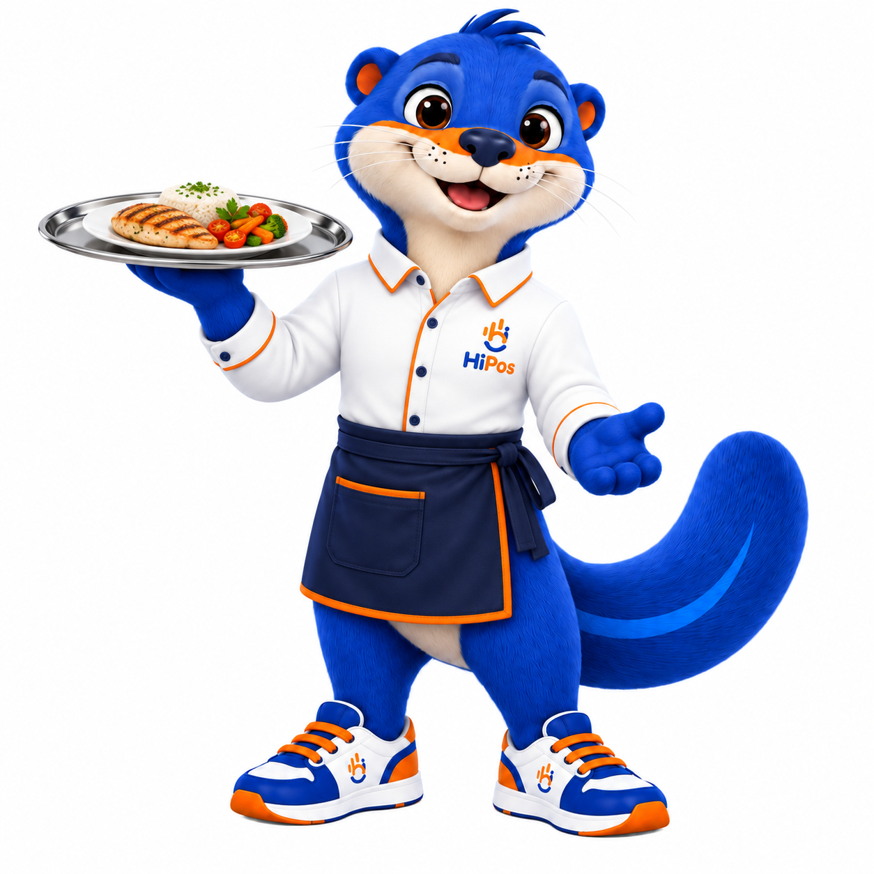 Mascota de HIPOS como mozo, con mandil azul y una bandeja con un plato servido