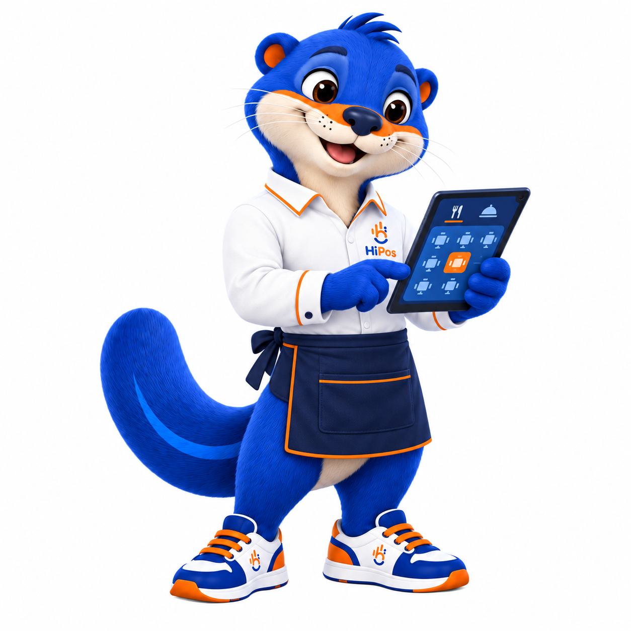 Mascota de HIPOS vestida de mozo registrando un pedido en una tablet