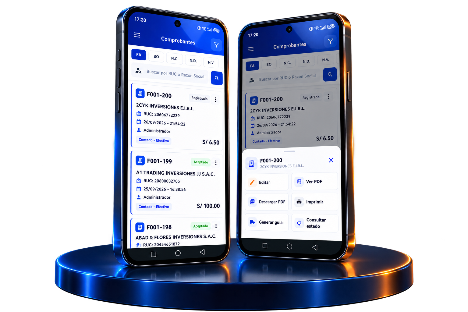 Dos celulares Android sobre una base circular mostrando el listado y las acciones de comprobantes en HIPOS App