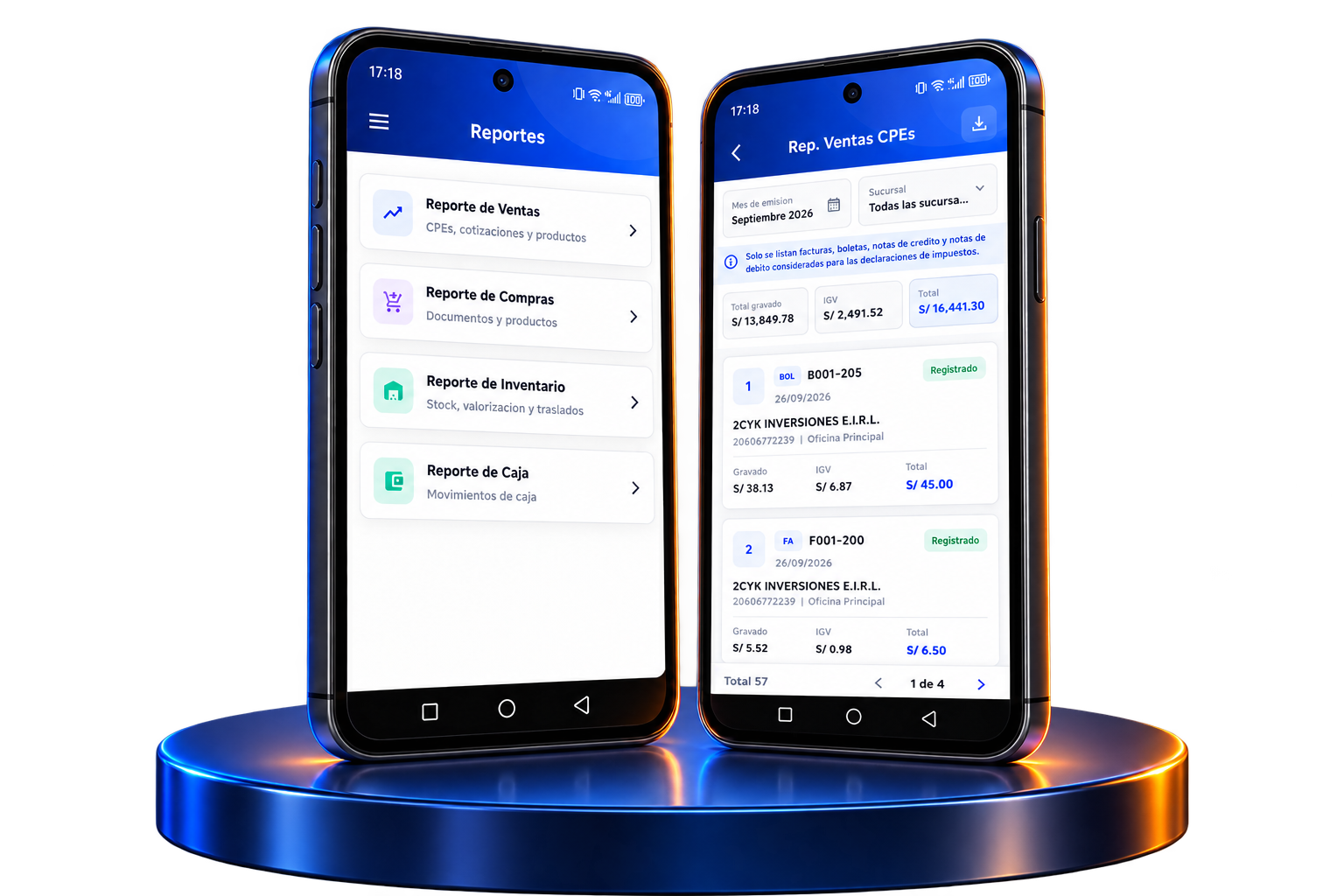 Dos celulares Android sobre una base circular mostrando el menú de reportes y el reporte de ventas de HIPOS App
