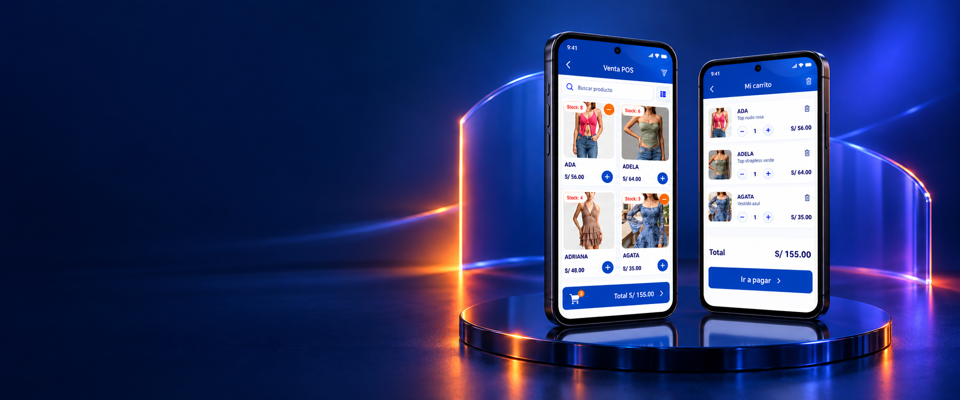 Dos celulares Android completos con catálogo y carrito HIPOS, en un escenario tecnológico azul y violeta