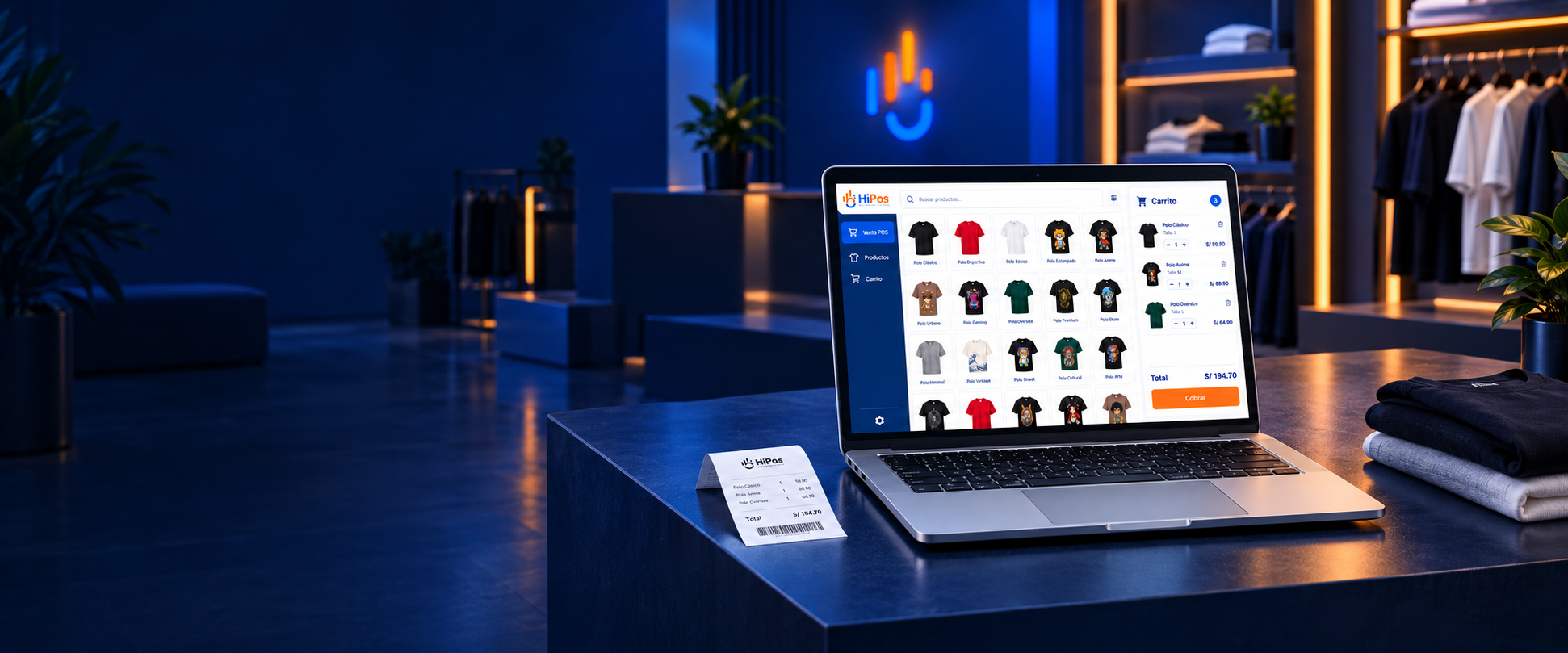 Laptop completa con HIPOS en un ambiente de tienda iluminado en azul y naranja